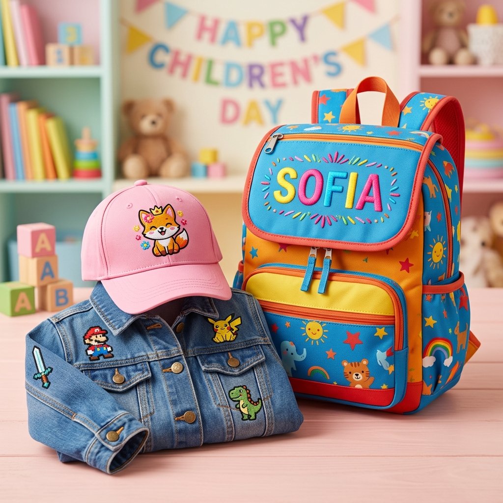 Regalos bordados personalizados para el Día del Niño — camisetas y gorras infantiles