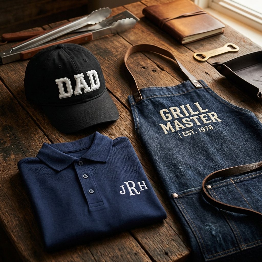 Regalos bordados personalizados para el Día del Padre — gorras y camisetas con nombre