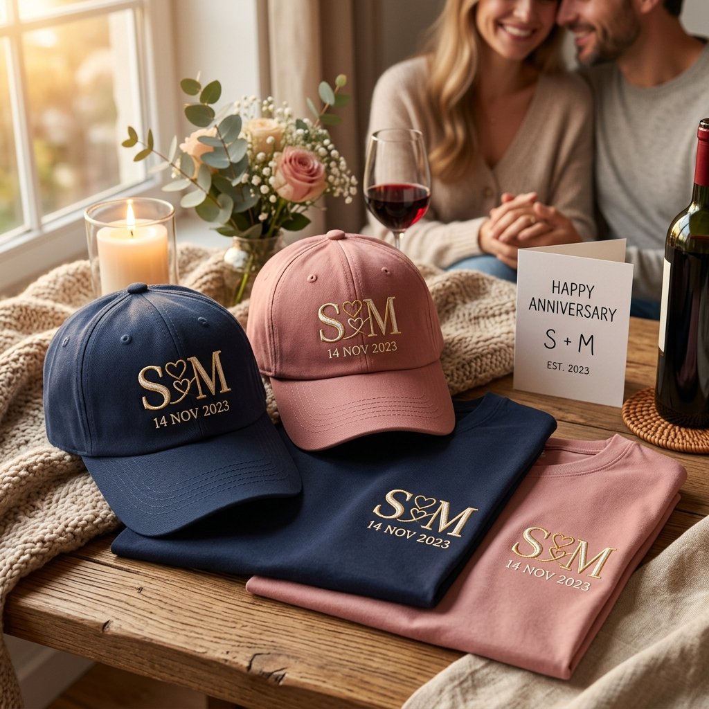 Regalos bordados para parejas y aniversarios — prendas con nombres y fechas especiales